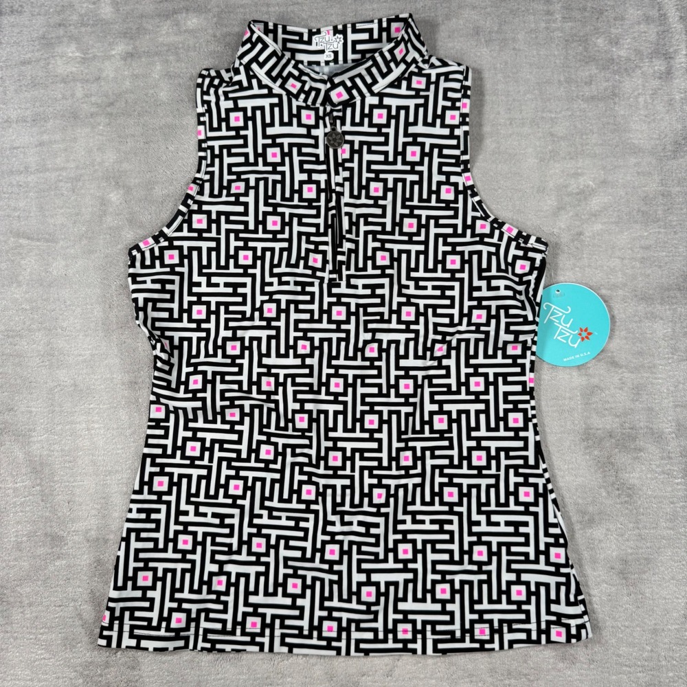 Tzu Tzu Shirt Women XS Black Maze Quarter Zip Sleeveless Bella Top Golf UPF NWT